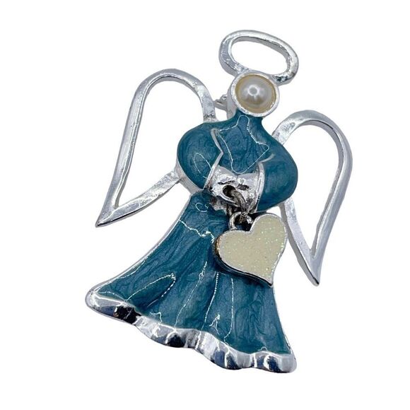 Jewelry - Angle Brooch Silver Tone Blue Swirl Enamel Heart Charm Faux Pearl Halo Wings